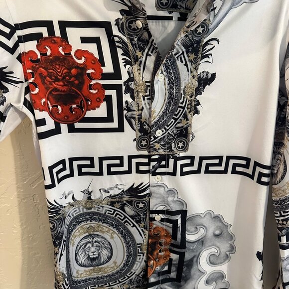 Pavini Long Sleeve Button Up Gold Baroque Lion Dress Shirt - Picture 5 of 10